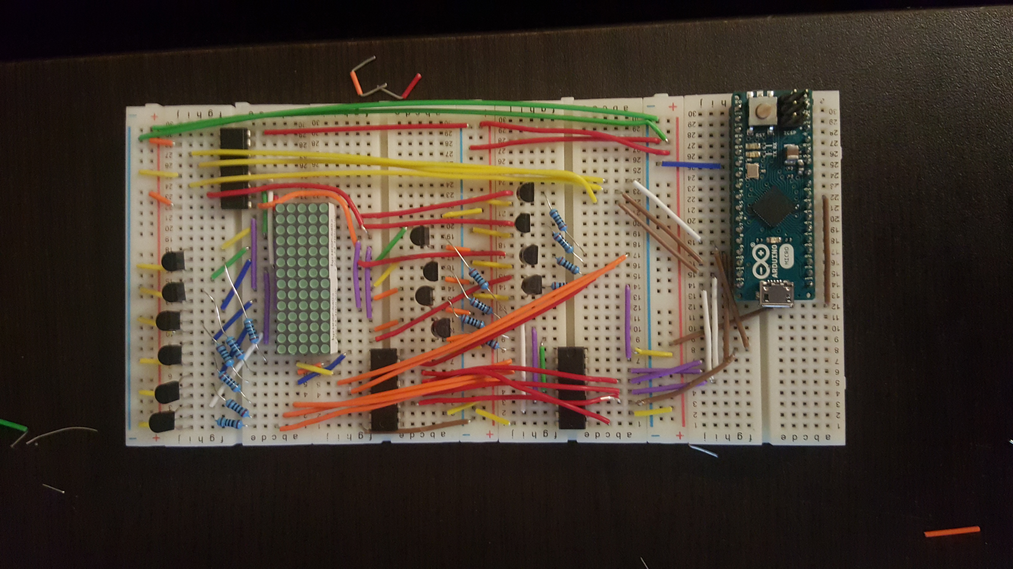 The top view of the actual Pong circuit wired into a bread board.
